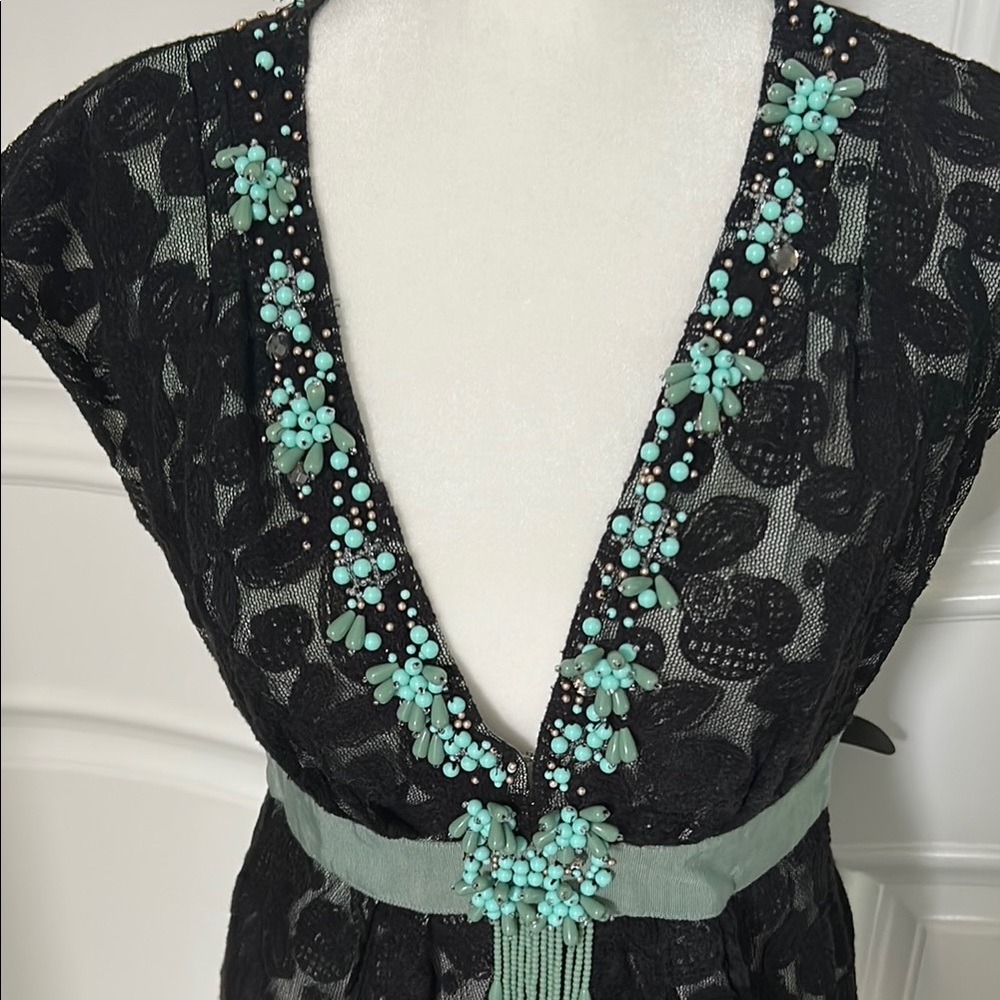 Nanette Lepore Black Lace Top with Turquoise Accents - Picture 2 of 10